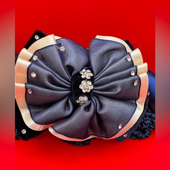 3 piece Satin Hair Bow with Crystal Embellishment & Hair Snood - Picture 2 of 8